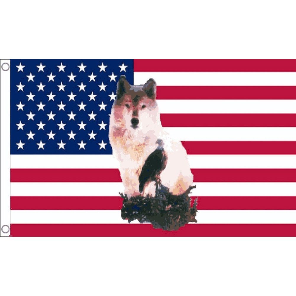 海外限定 国旗 アメリカ合衆国 星条旗 USA ウルフ イーグル オオカミ 狼 ワシ 鷲 特大フラッグ_画像1