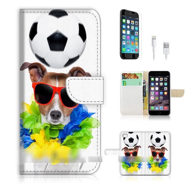iPhone 8 Plus アイフォン 8 プラス アイフォーン 8 + サッカーボール 犬 サングラス スマホケース 充電ケーブル フィルム付_画像3
