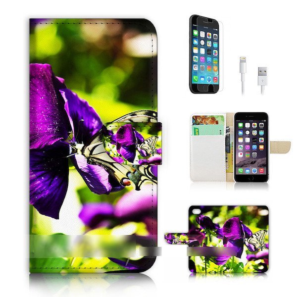 iPhone 8 Plus アイフォン 8 プラス アイフォーン 8 + 花柄 フラワー 蝶 チョウ スマホケース 充電ケーブル フィルム付_画像3
