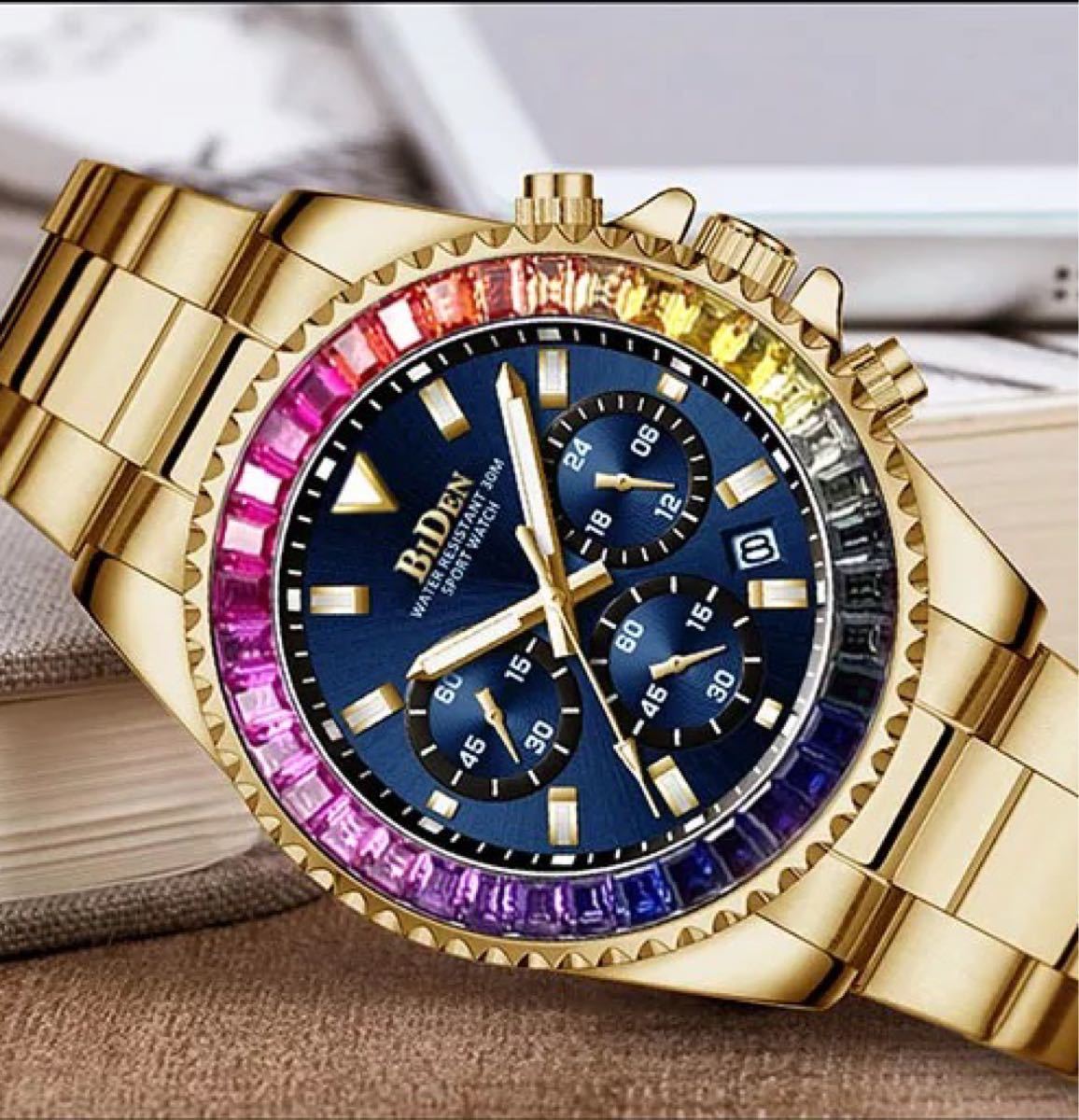 レインボー ベゼル クロノグラフ メンズ ウォッチ ブリンブリン メンズ腕時計 金時計 ゴールド 腕時計