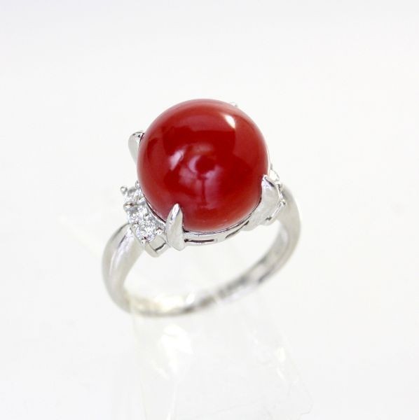 最安 ◎中古美品◎プラチナ サンゴ 12.0mm ダイヤ 0.20ct リング 13号 コーラル、サンゴ