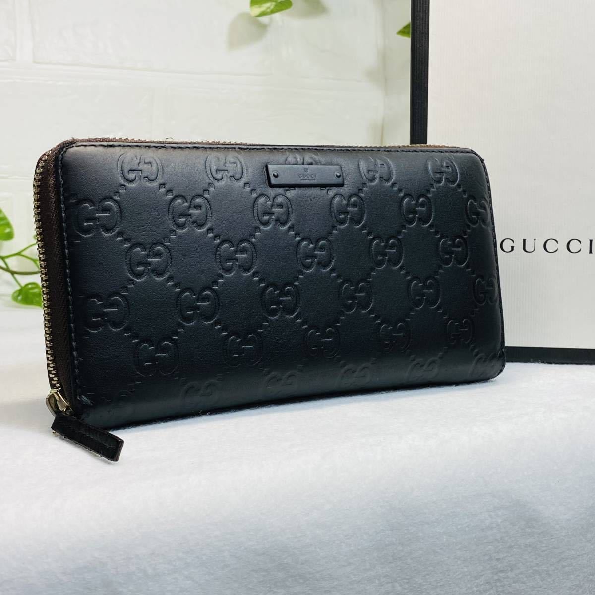 美品》GUCCI グッチシマ レザー ラウンドファスナー 長財布 GG 黒