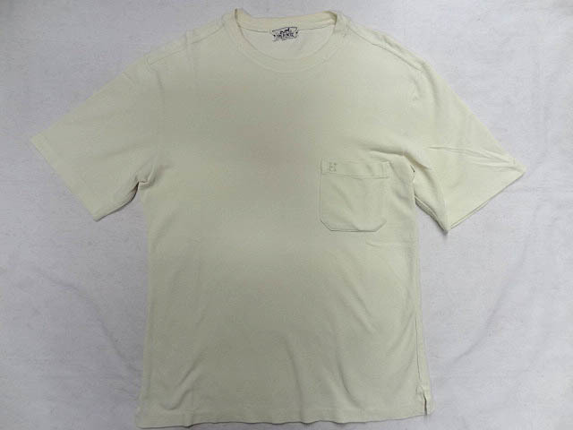 HERMES エルメス イタリア製 メンズ 鹿の子 ポケット Tシャツ 半袖 ライト イエロー カラー 色 ダメージ 黄色 H ロゴ 刺繍 サイズ XL レア