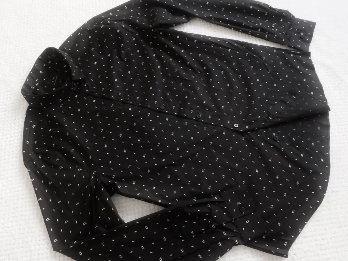 新品★アルマーニ★フラッシュ柄 ブラック 長袖シャツ★快適な ストレッチ スリム ホワイト 稲妻 黒 白 XL★A/X ARMANI★336_画像9