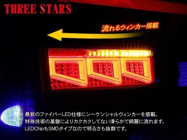 スーパーグレート シーケンシャル ファイバー LED テールランプ 左右セット 専用配線 3連 角型 Eマーク取得済 流れる トラック用品_画像3