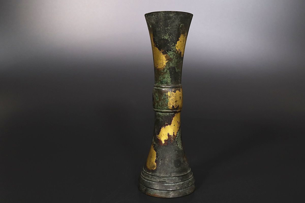 小 秦蔵六作 塗金銅花瓶 立鼓式 共箱有 銅器 古美術収集家放出品 2730 