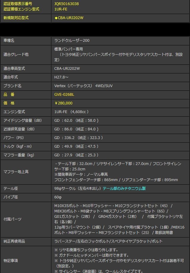 ガナドール ランクル ランドクルーザー 200系 マフラー 標準バンパー専用 テール部のみチタニウム製 GVE-026BL Vertex 4WD SUV_GANADOR