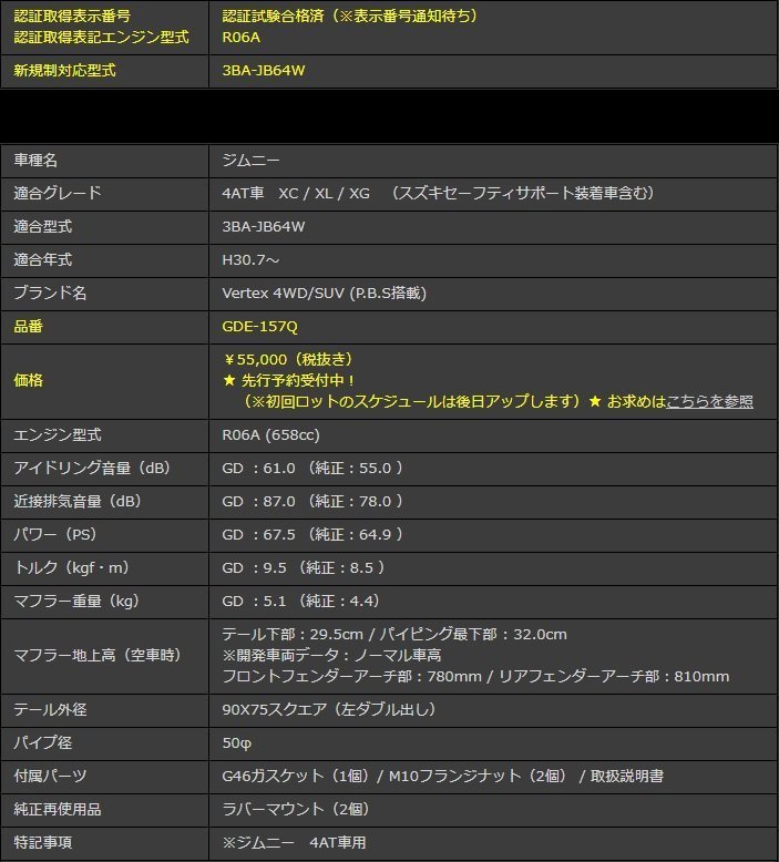 ガナドール ジムニー 3BA-JB64W マフラー 左ダブル出し リヤピース ステンレス製 GDE-157Q GANADOR Vertex 4WD SUV バーテックス 4WD SUV_GANADORジムニー