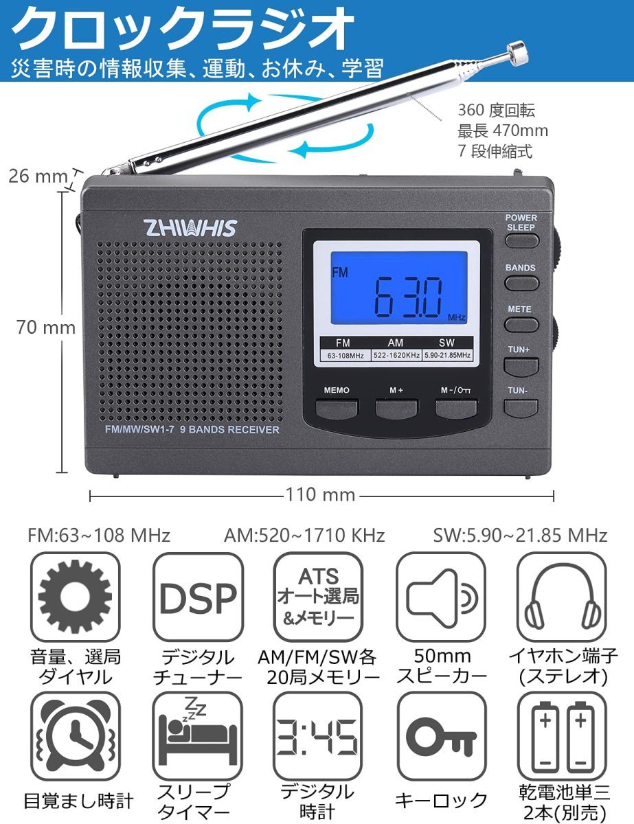2022春夏新作 ラジオ 小型 携帯 ZHIWHIS ポータブルラジオ FM AM SW ワイドfm対応 高感度クロック 電池式 グレー  lacistitis.es