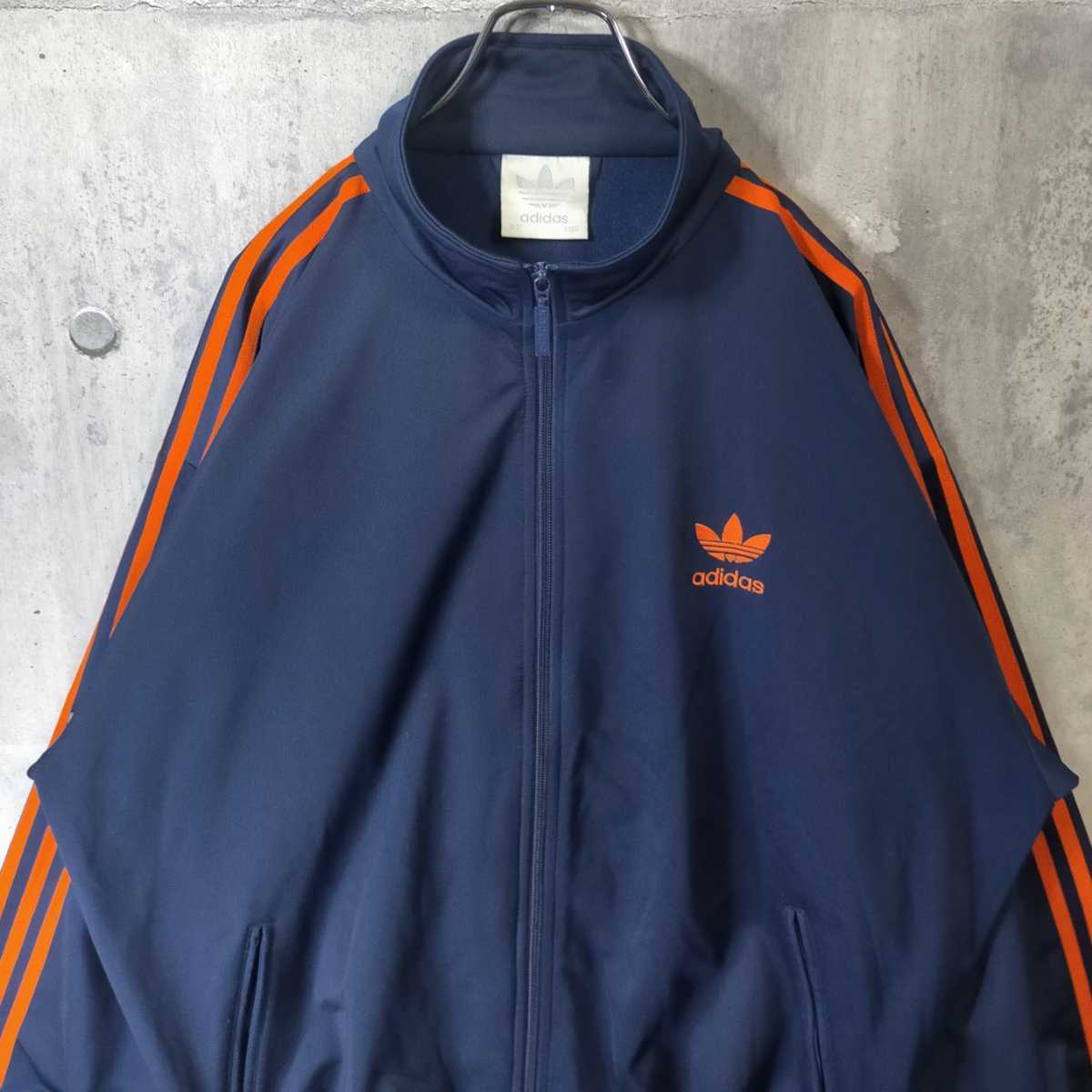 希少サイズ 4XL adidas アディダス 紺 橙 刺繍 Orange Navy オレンジ ネイビー 銀タグ ジャージ 古着 ヴィンテージ  トラックジャケット