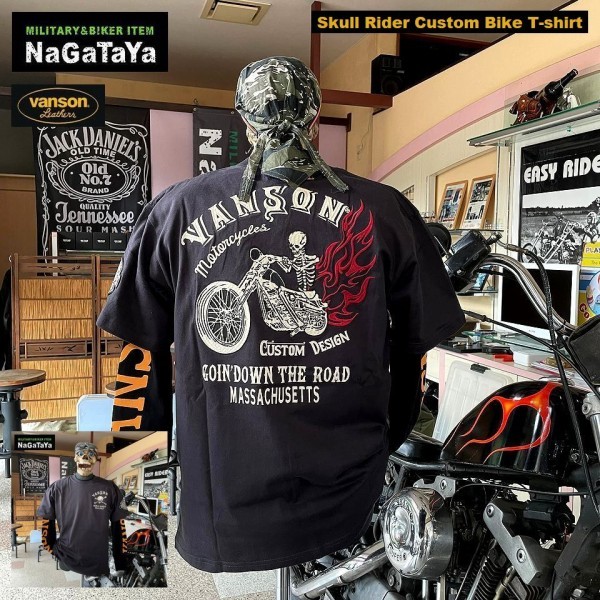 VANSON バンソン NVST-2219 スカルライダー カスタムバイク 刺繍Tシャツ XLサイズ スミクロ バイカー モーターサイクル_画像1