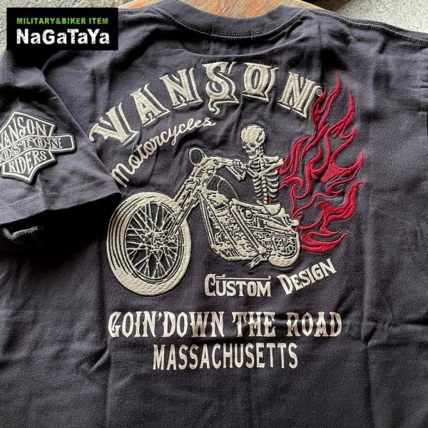 VANSON バンソン NVST-2219 スカルライダー カスタムバイク 刺繍Tシャツ XLサイズ スミクロ バイカー モーターサイクル_画像5