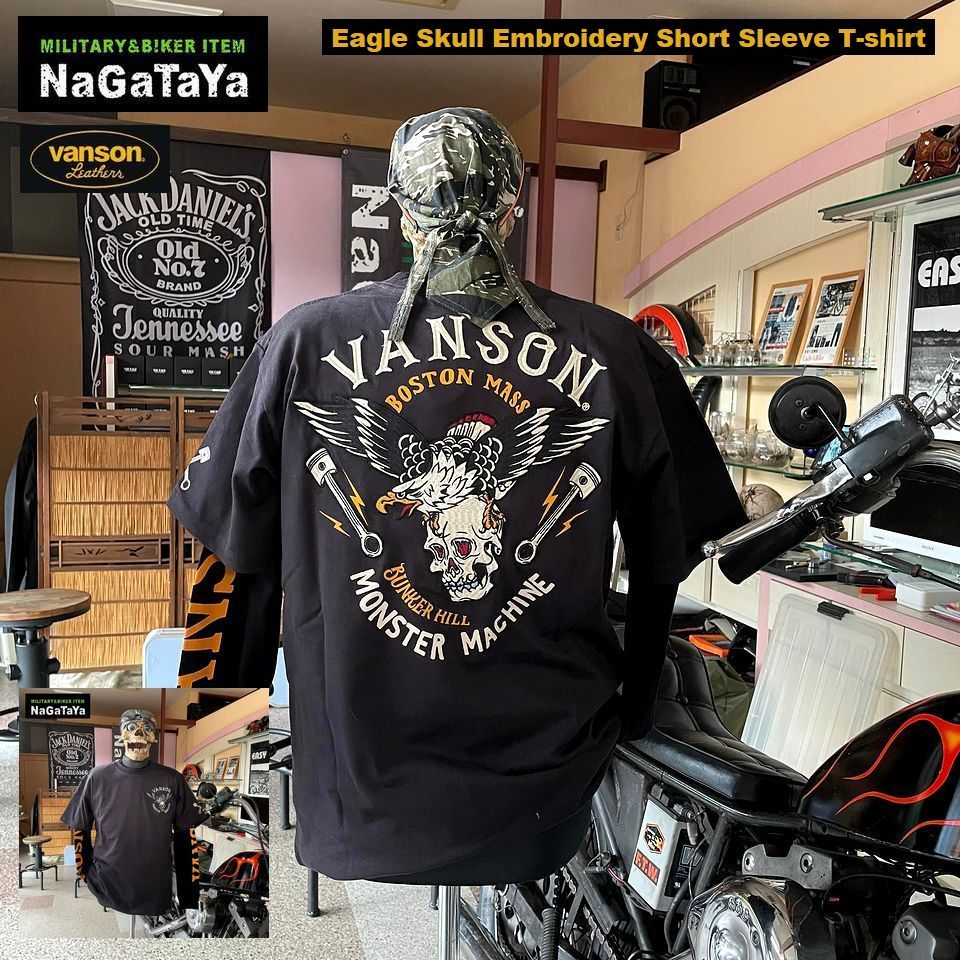 VANSON バンソン NVST-2214 イーグルスカル 刺繍 半袖 Tシャツ 天竺生地 ブラック(墨黒) Mサイズ BIKER バイカー モーターサイクル_画像2