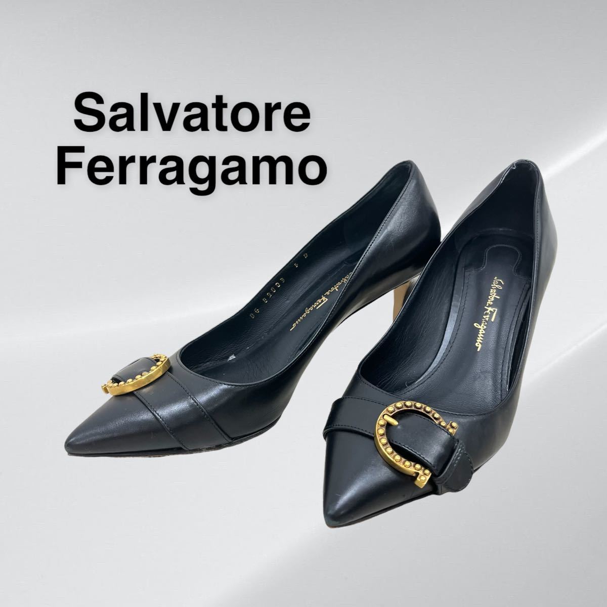 Salvatore Ferragamo サルヴァトーレ フェラガモ ゴールド ガンチーニ ベルトモチーフ レザー ポインテッドトゥ ヒール サンダル