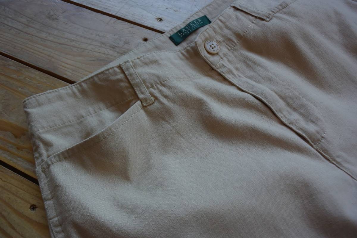 USA б/у одежда low Len Ralph Lauren linen брюки женский 10P размер Ralph Lauren casual semi flair бежевый America скупка P0627