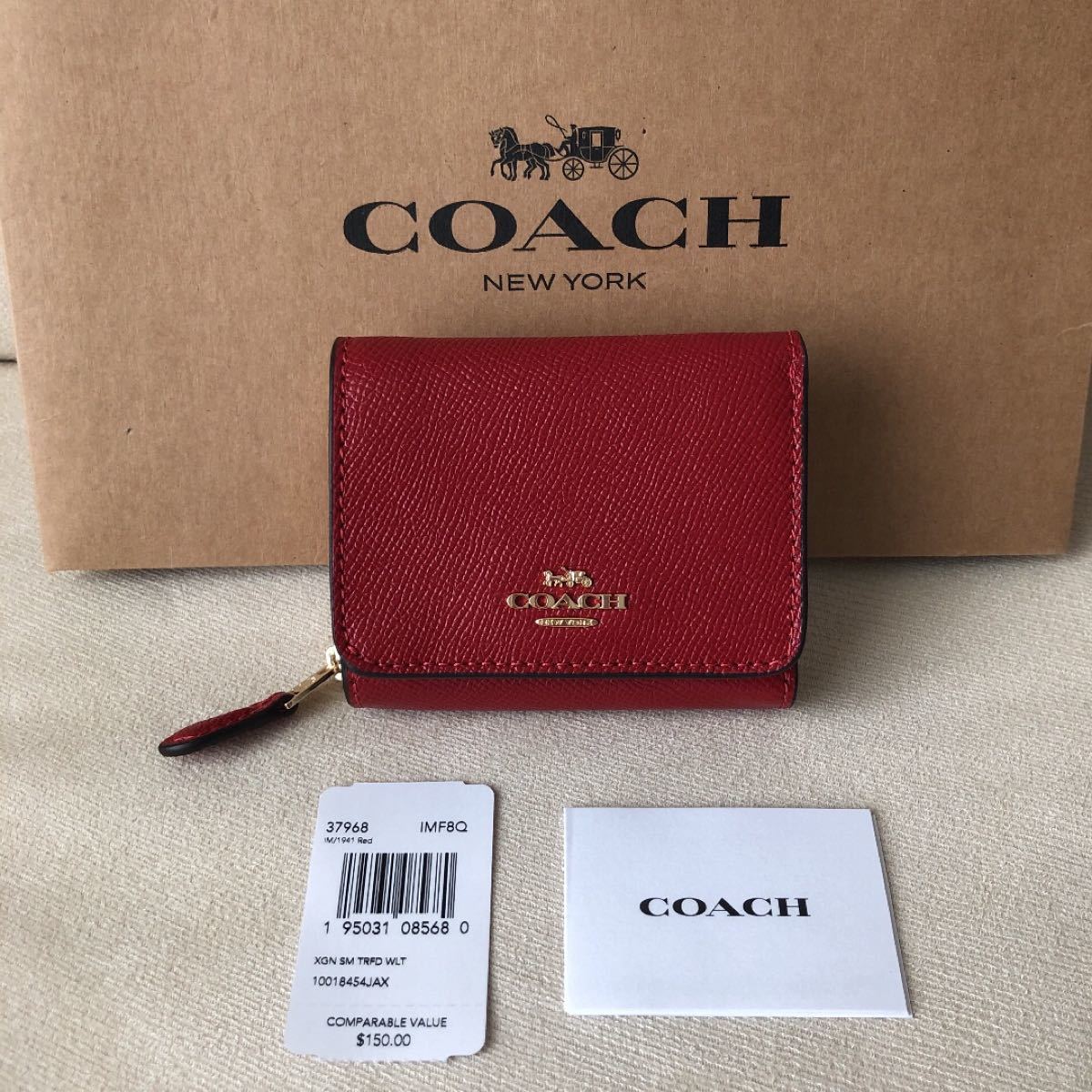 タグ付き新品★COACH コーチ 定価33,000円 クロスグレインレザー 三つ折り財布 レッド