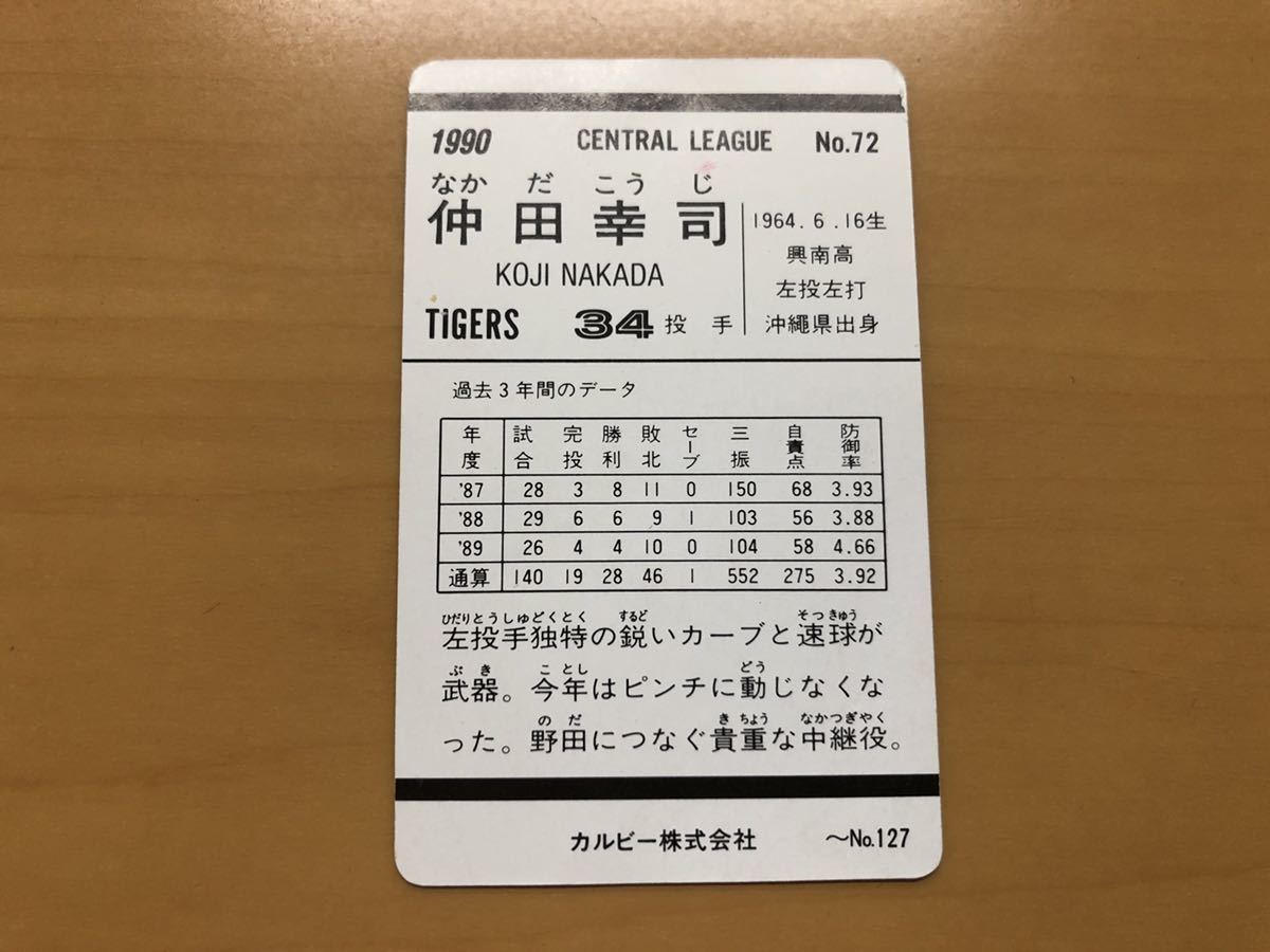 カルビープロ野球カード 1990年 仲田幸司(阪神タイガース) No.72の画像2