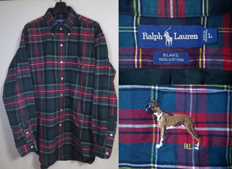 90s Polo by Ralph Lauren ポロ ラルフローレン 犬 ドッグ ボタンダウン シャツ L タータンチェック BLAKE