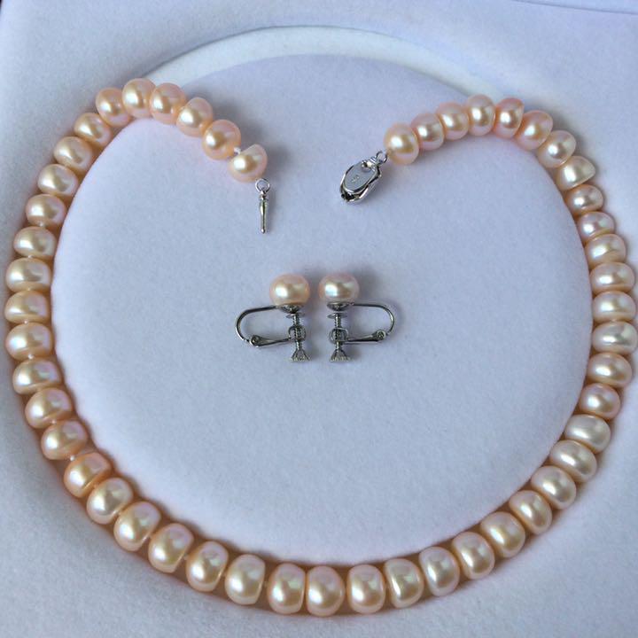 真珠ネックレスイヤリングセット本物淡水パール上品な人気柄ピンク系