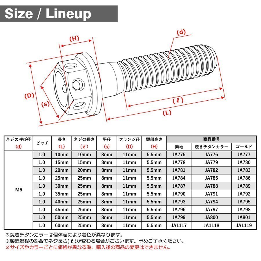 M6×15mm P1.0 64チタン合金 ホールヘッド 六角ボルト フランジ付き ゴールドカラー 車/バイク 1個 JA780_画像2