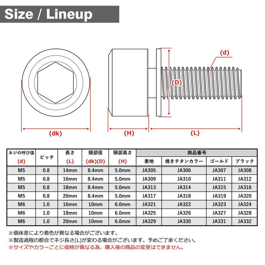 M6×20mm P1.0 64チタン合金 ワッシャー組込 六角穴付き キャップボルト ゴールドカラー 車/バイク 1個 JA331_画像2