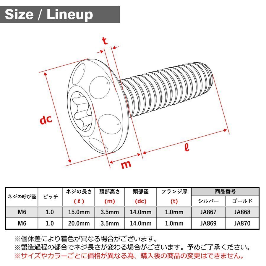 M6×15mm P1.0 頭部径14mm 64チタン合金 テーパー ホールヘッド ボルト トルクス穴 ワイドフランジ シルバーカラー 車/バイク 1個 JA867_画像2