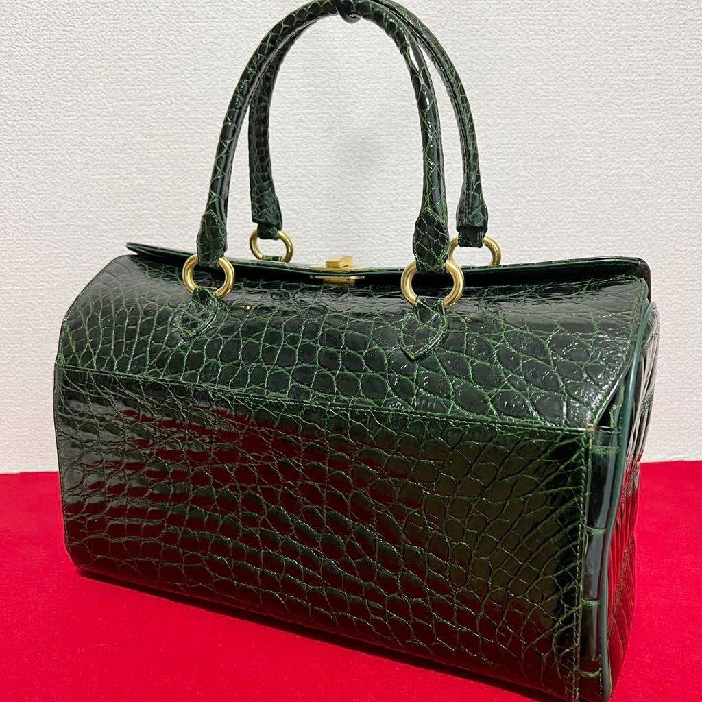 極上★ クロコダイル ハンドバッグ ボストンバッグ ゴールド金具 ターンロック crocodile made in italy クロコ グリーン_画像1