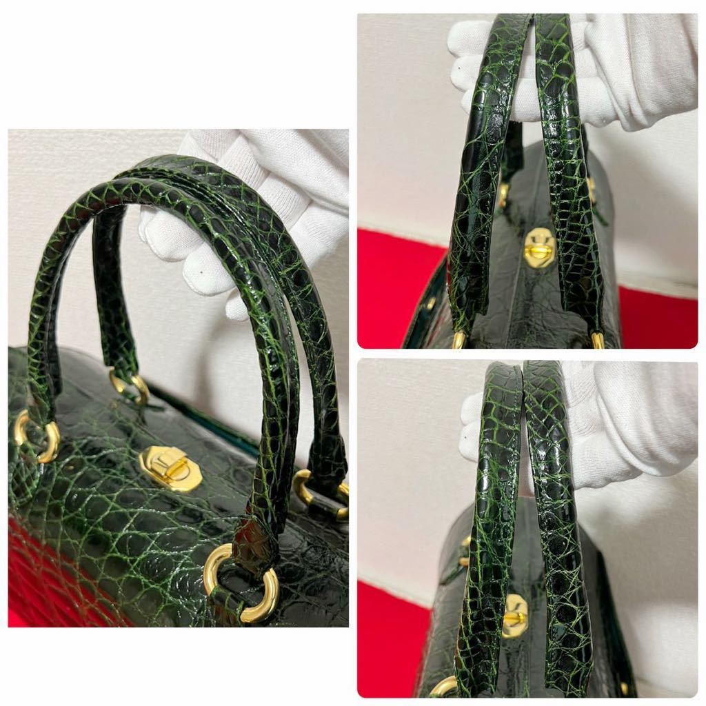 極上★ クロコダイル ハンドバッグ ボストンバッグ ゴールド金具 ターンロック crocodile made in italy クロコ グリーン_画像7