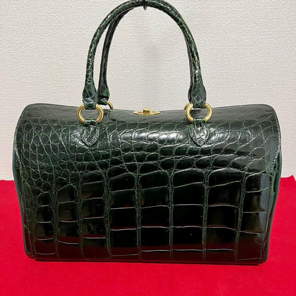 極上★ クロコダイル ハンドバッグ ボストンバッグ ゴールド金具 ターンロック crocodile made in italy クロコ グリーン_画像2