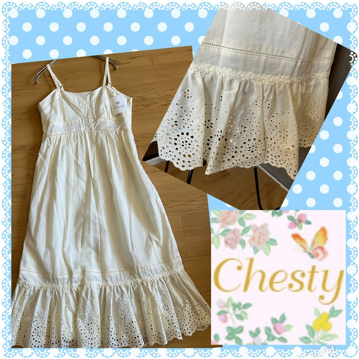  Chesty * tag equipped * hem flower embroidery punch * cotton * lady`s One-piece 
