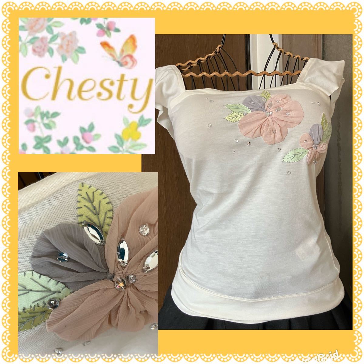 チェスティ★Chesty★きらきらビジューたっぷり★前後立体お花とろみカットソー_画像1