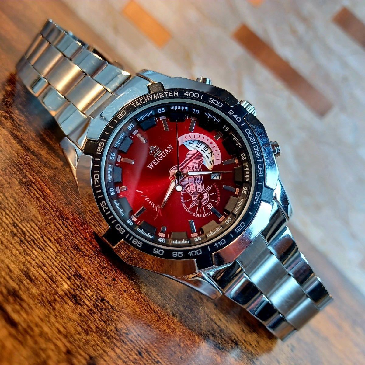 新品 クロノグラフ WEIGUAN デユアル ラグジュアリーステンレス 腕時計メンズ 赤 【あすつく】 デユアル