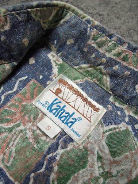 USA производства ka - la тянуть over гавайская рубашка * мужской S размер ( полный размер M степень )/ синий / зеленый / белый / общий рисунок / хлопок / половина кнопка /kahala