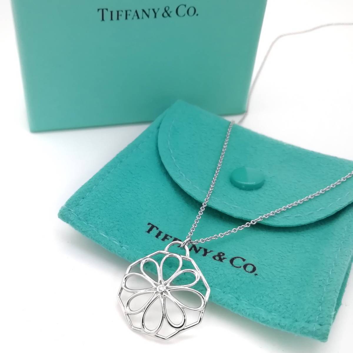 未使用 Tiffany&Co. ティファニー ホワイト ゴールド フラワー 1P ダイヤモンド ネックレス 750 K18 WG AA82_画像1