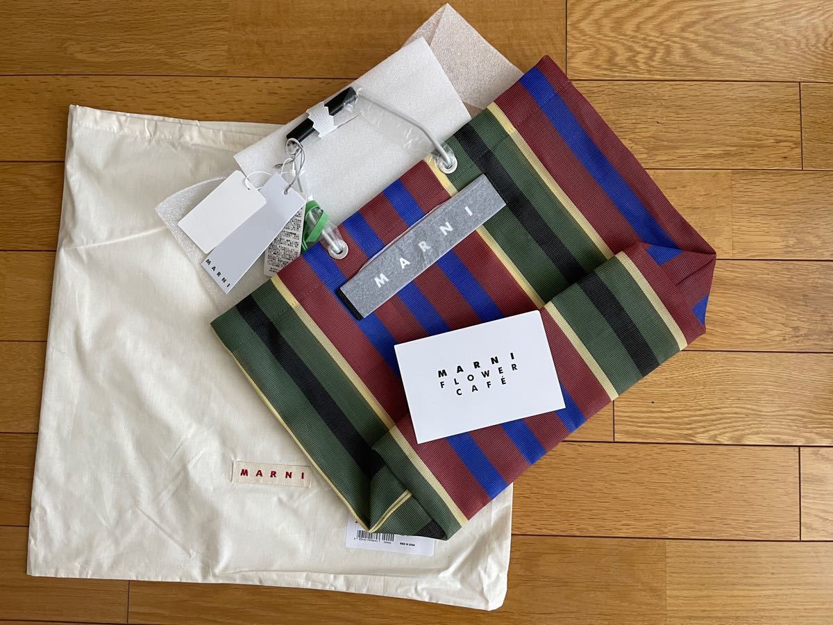 MARNI 新品未使用 マルニ ストライプバッグ マルニフラワーカフェ  ストライプ モスグリーン/F トートバッグ