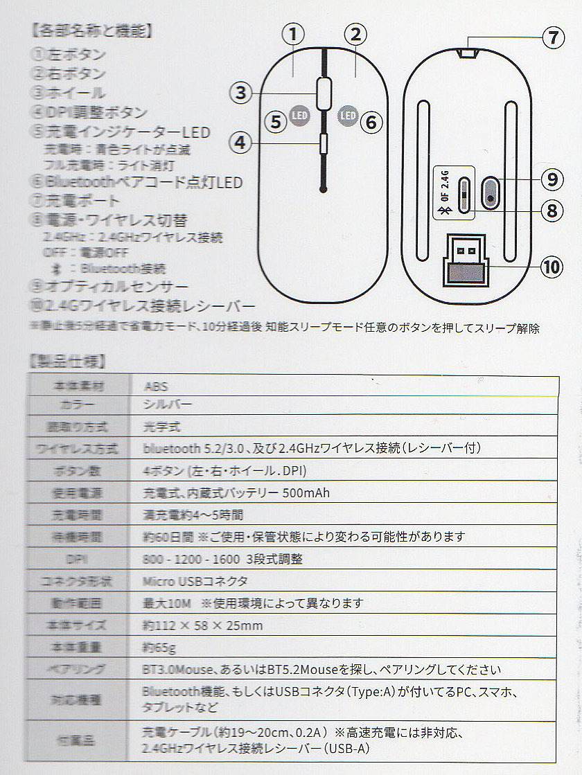 リーダーメディアテクノ/Lazos L-BTM-GRY/超薄型 静音 3DPIモード搭載ワイヤレスマウス/シルバー/USB充電式*新品未使用品_画像10