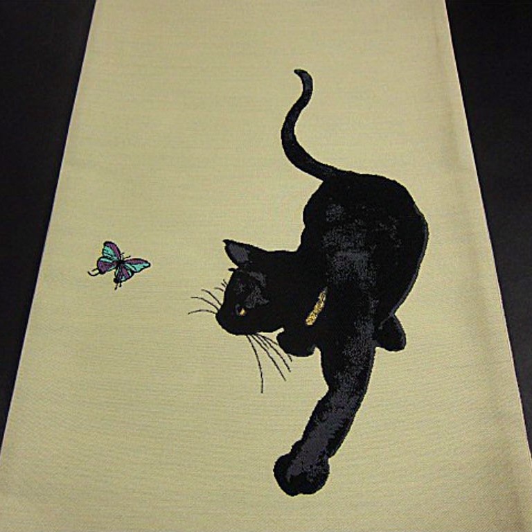 新品未仕立　西陣織高級袋帯　蝶々を追いかける黒猫 （くろねこ）_画像7