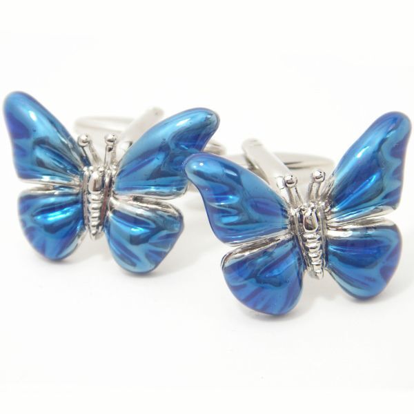 カフス カフスボタン ブルーのエナメル蝶々 メンズ プレゼント カフスマニア_画像1
