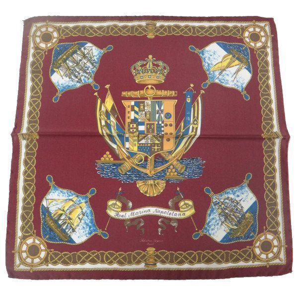 ポケットチーフ 帆船と王冠とナポリの紋章 バーガンディのポケットスクウェア メンズ スーツ プレゼント カフスマニア