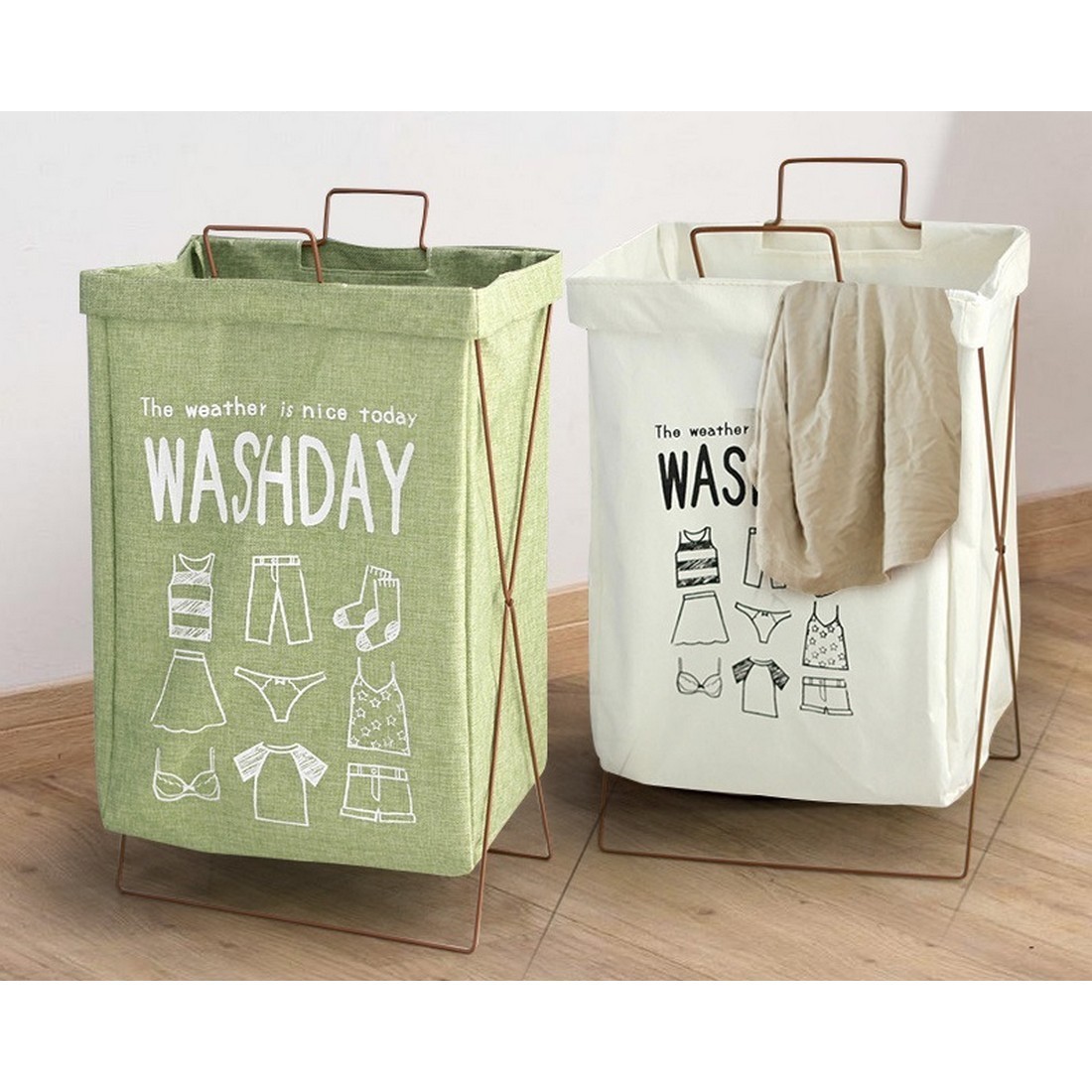  laundry basket iron frame folding storage basket bag bus room bed room WASHDAY cover none green 