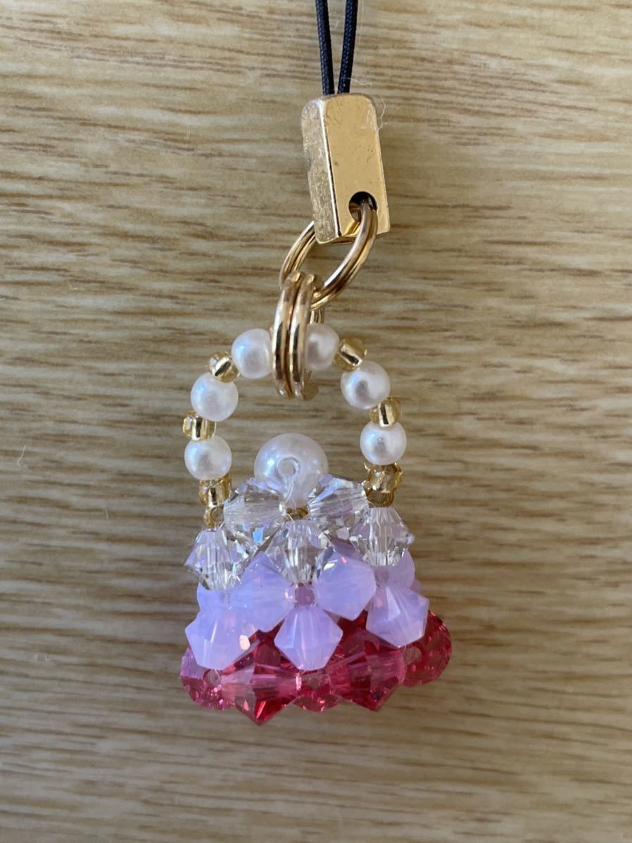 * Swarovski beads strap bag motif . white × clear ×. pink | hand made * handmade * charm *