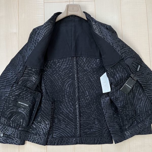 【EMPORIO ARMANI/エンポリオ アルマーニ】テーラードジャケット 50(XL) タグ付き ブラック 黒 三種混紡 総柄 軽快な生地感 春夏 #82 4