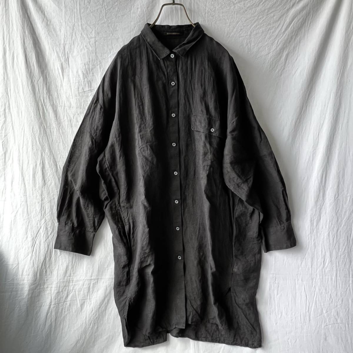 美品◆BARNYARDSTORM バンヤードストーム リネンスタンダードカラーシャツ オーバーサイズ 麻100％ ワンピース ブラック 黒 onepiece