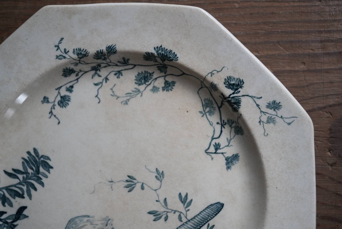 ファイアンスフィーヌ ウエッジウッド 八角皿 / 19世紀末・イギリス / アンティーク 古道具 オクトゴナルプレート G_画像3