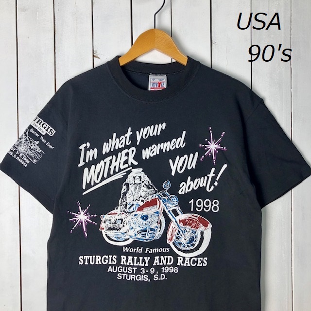 T●282 USA古着 90s USA製 STURGISラリー98 バイク 両面Tシャツ M 黒 オールド ヴィンテージ アメリカ古着 シングルステッチ バイカー