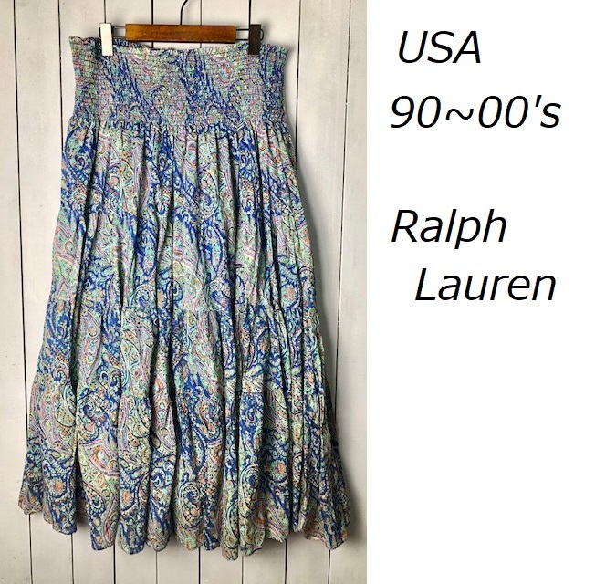 USA old clothes 90s~00s Ralph Lauren maxi height peiz Lee total pattern flair Easy skirt L~XL Ralph Lauren resort long height spring summer *222