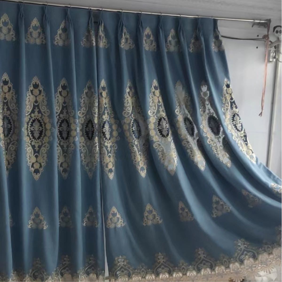 ドレープカーテン オーダーサイズ ブルー おしゃれ 刺繍 柄 生活雑貨 新居 花柄 カーテン幅 ボイルカーテン 遮光 遮光カーテン