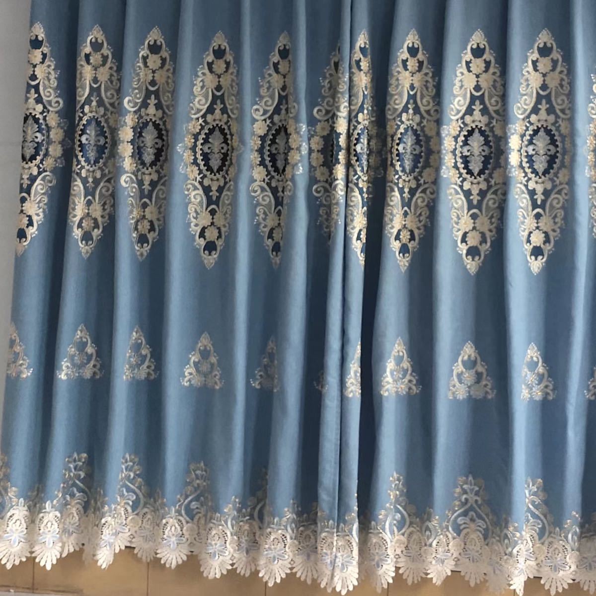 ドレープカーテン オーダーサイズ ブルー おしゃれ 刺繍 柄 生活雑貨 新居 花柄 カーテン幅 ボイルカーテン 遮光 遮光カーテン