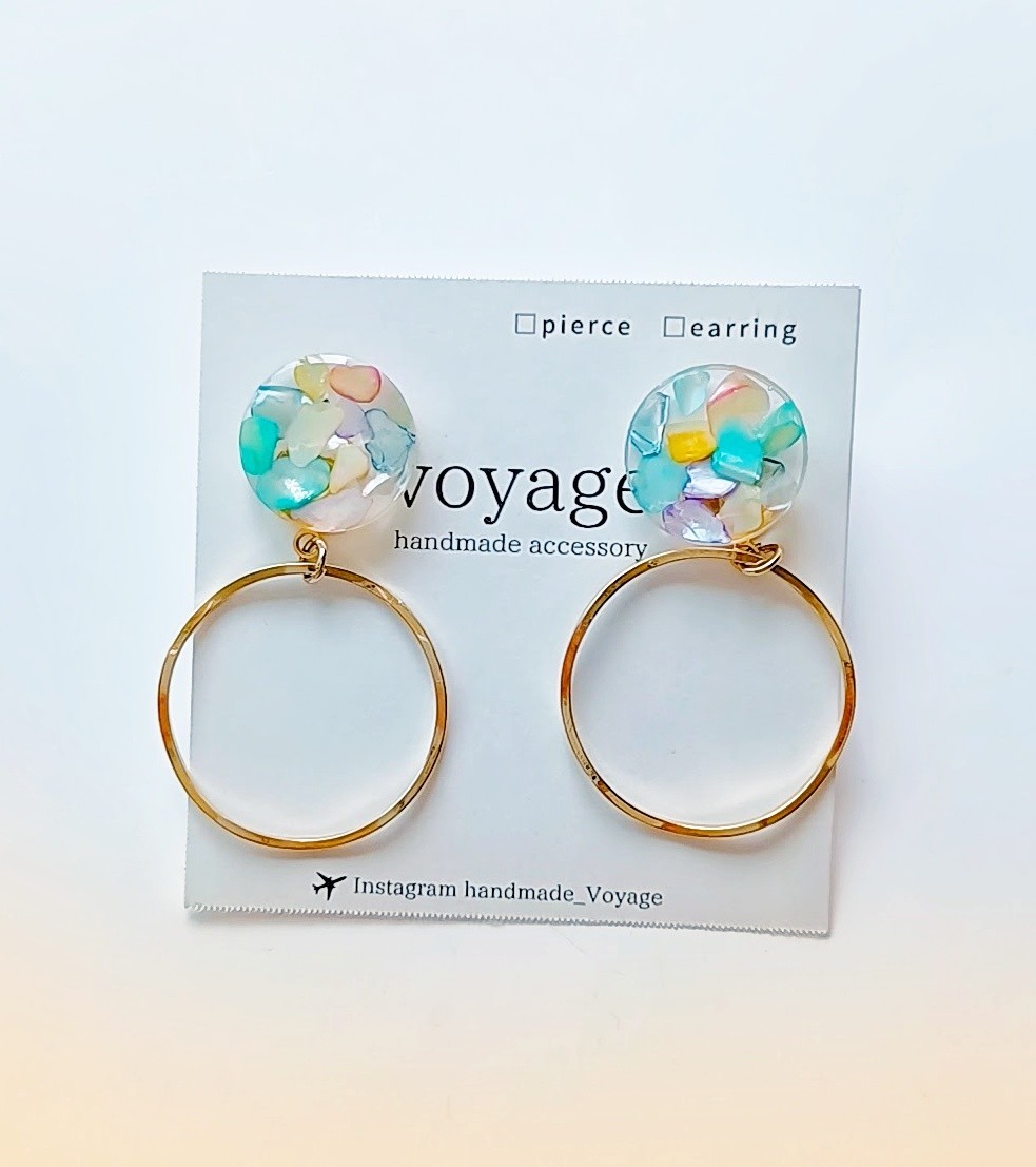 ハンドメイド ピアス 2way シェルレジン ゴールド フープ イヤリング