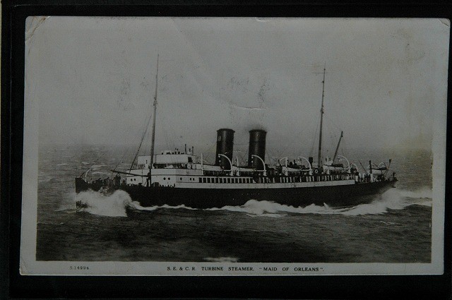 12863 戦前 絵葉書 英国製 客船 汽船 S.E&C.R TURBINE STEAMER MAID OF ORLEANS 外信 エンタイア LONDON JUIL 17 1923 子供宛 ドーバー_画像1